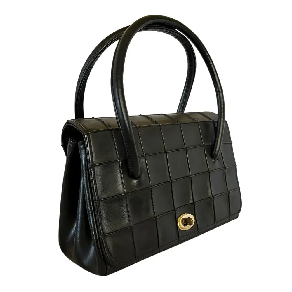 Vintage Verdi Black Embossed Turnlock Satchel Handbag - Made in USA